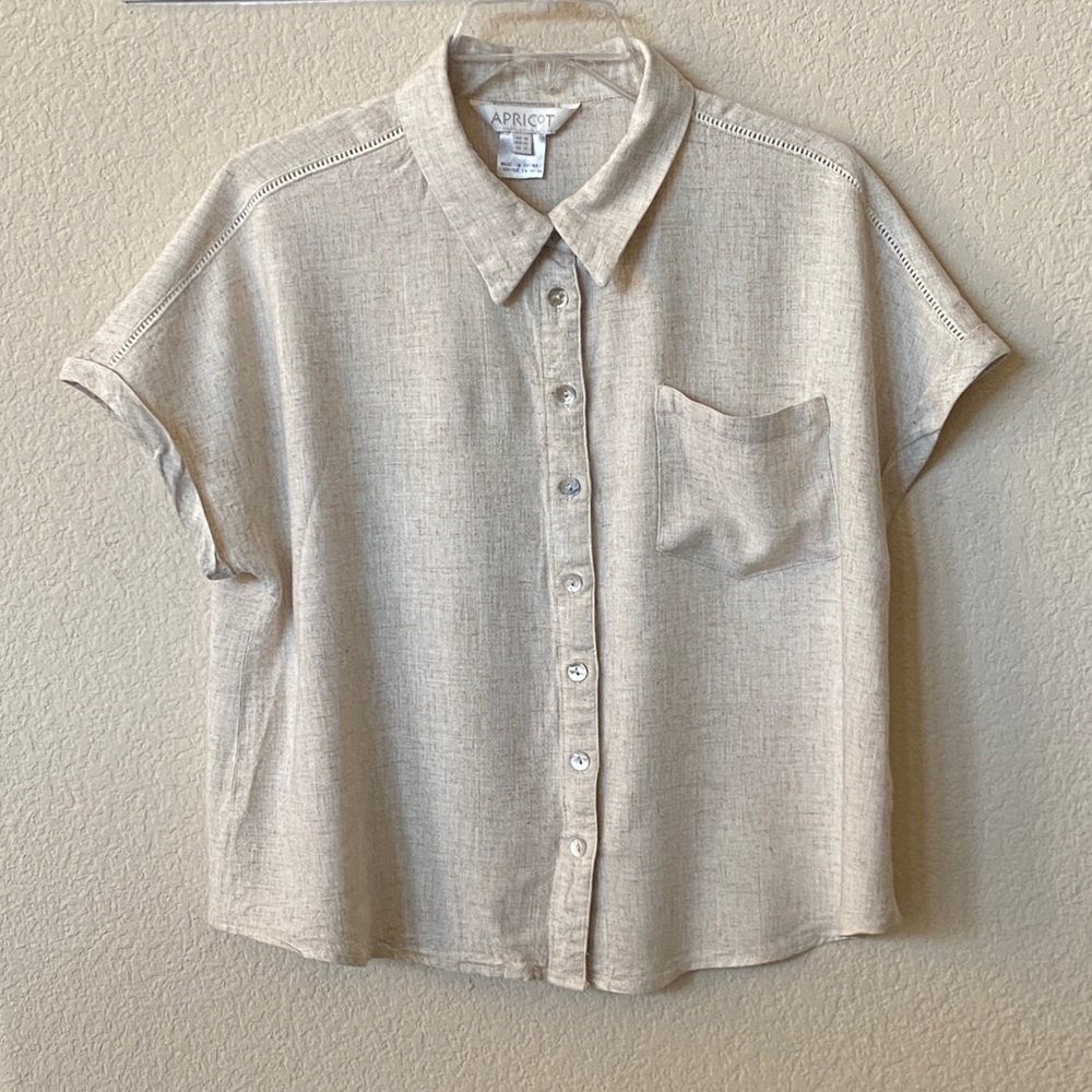 APRICOT Cream Button-Front Short Sleeve Linen Blend Top Size 12